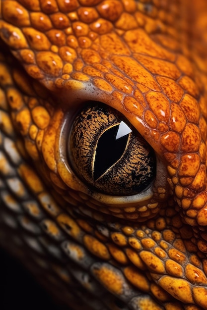 Un'immagine macrofotografica in primo piano del dettaglio dell'occhio aperto di un'iguana o di una lucertola IA generativa