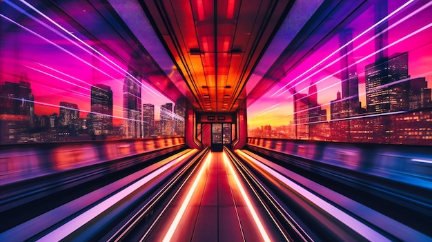 Un'immagine maestosa di una metropolitana high-tech che naviga senza sforzo nei cieli sopra un paesaggio urbano futuristico