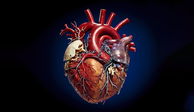 Un'immagine medica altamente dettagliata e realistica di un cuore umano mostrato nell'anatomia e nella fisiologia dell'organo Generativo ai