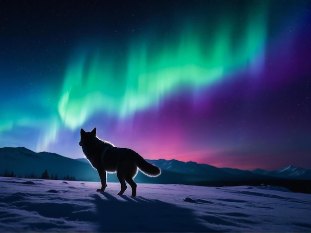 Un'immagine mistica di un lupo solitario che ulula in silhouette contro un'aurora boreale vibrante nel cielo notturno