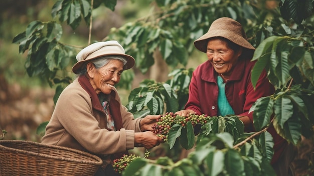 Un'immagine mostra agricoltori gioiosi che raccolgono chicchi di caffè Arabica da una pianta del caffè GENERATE AI