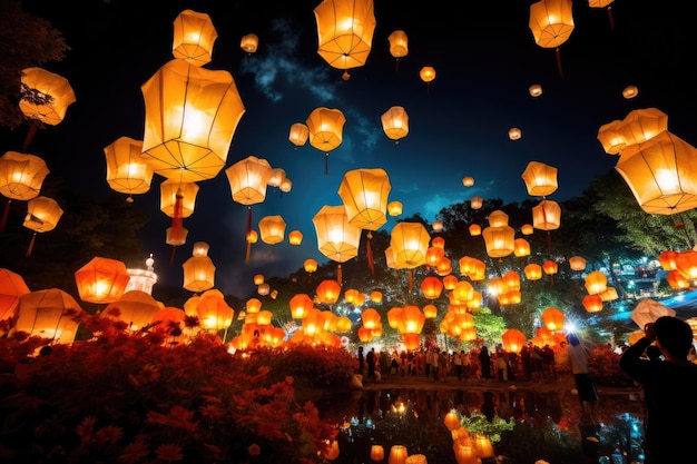 Un'immagine mozzafiato che cattura la bellezza e la grandiosità di innumerevoli lanterne che fluttuano nell'aria Lanterne che illuminano il cielo notturno durante un festival di metà autunno Generato dall'intelligenza artificiale