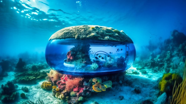 Un'immagine mozzafiato di un ecopod sottomarino che fonde un design innovativo con un ambiente marino coinvolgente per un'esperienza ecologica unica