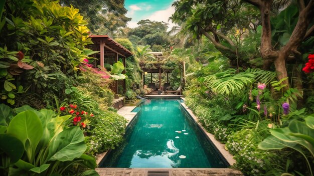 Un'immagine mozzafiato di un opulento giardino di una villa con piscina che fonde una piscina scintillante con un ambiente lussureggiante e vibrante per il massimo ritiro estivo