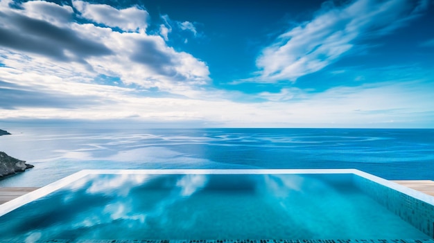 Un'immagine mozzafiato di un sontuoso rifugio con piscina a sfioro fronte oceano che offre viste impareggiabili sul vasto mare e sul paesaggio costiero