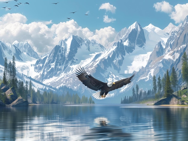 Un'immagine mozzafiato di una maestosa aquila calva che si innalza in alto sopra un lago di montagna cristallino con le cime innevate riflesse nell'acqua