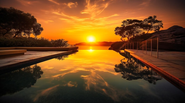 Un'immagine mozzafiato di una sontuosa piscina a sfioro immersa nella calda luce dorata del sole al tramonto che crea un'atmosfera incantevole