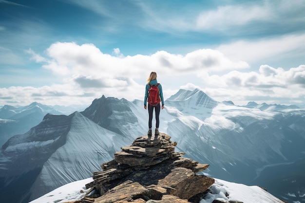 Un'immagine mozzafiato e realistica che mostra un avventuriero solitario in piedi in cima a una vetta di montagna