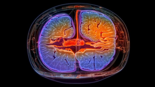 Un'immagine MRI medica del cervello che mostra una sezione trasversale con annotazioni dettagliate Imaging a risonanza magnetica