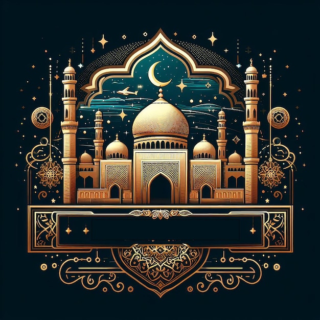 un'immagine nera e dorata di una moschea con una luna blu e stelle