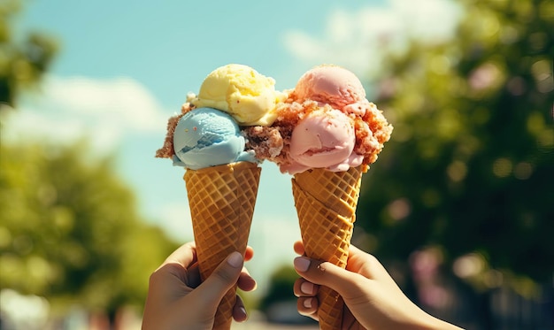 Un'immagine nostalgica che evoca ricordi di amici che condividono coni di gelato nei caldi giorni estivi