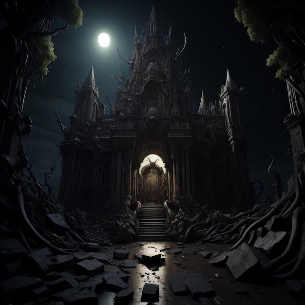Un'immagine oscura e inquietante di un castello con la luna sullo sfondo.