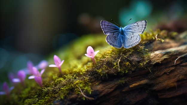 Un'immagine pacifica di una farfalla viola-blu su un fiore di anemone in un ruscello della foresta con un tocco pittorico dai toni pastello