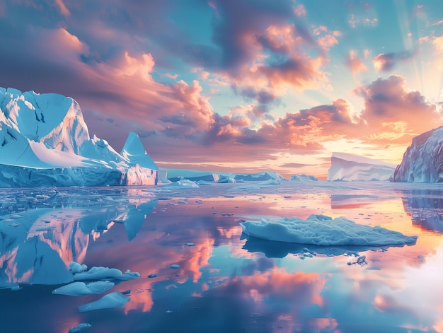 Un'immagine panoramica mozzafiato di una laguna glaciale con maestosi iceberg tutti bagnati nei colori vivaci dell'aurora boreale