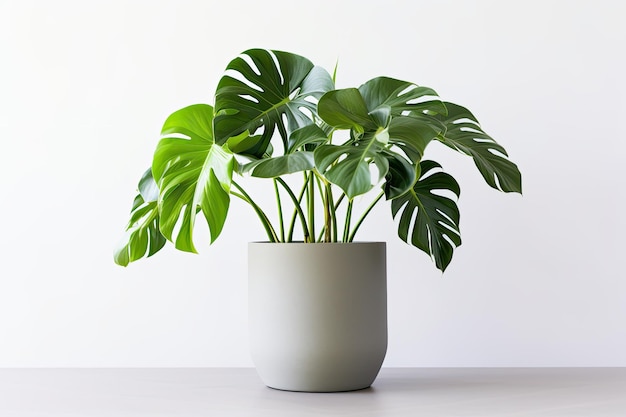 Un'immagine perfettamente catturata di una Monstera deliciosa, una pianta da casa frondosa, può essere vista in un vaso grigio su uno sfondo bianco pulito