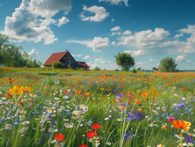 Un'immagine pittoresca di un campo traboccante di fiori selvatici colorati con un'affascinante fattoria in lontananza e un cielo blu limpido sopra