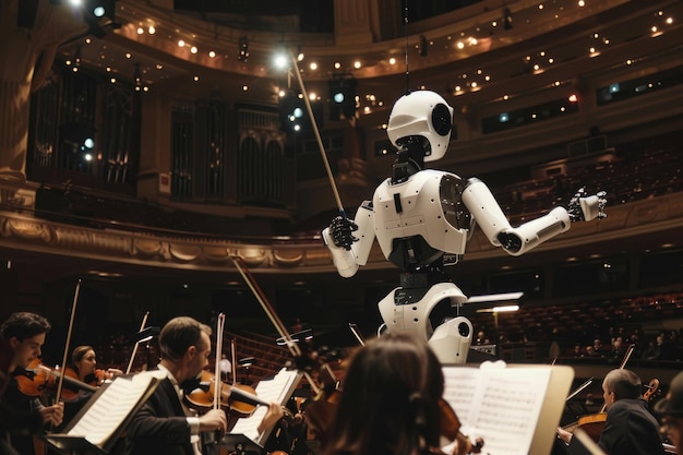 Un'immagine potente di un direttore d'orchestra robot che guida un'orchesta in un'esibizione impeccabile