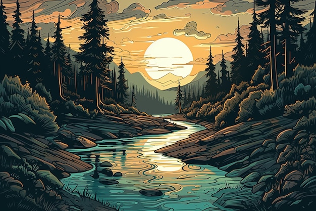 un'immagine raffigurante un fiume circondato da foreste