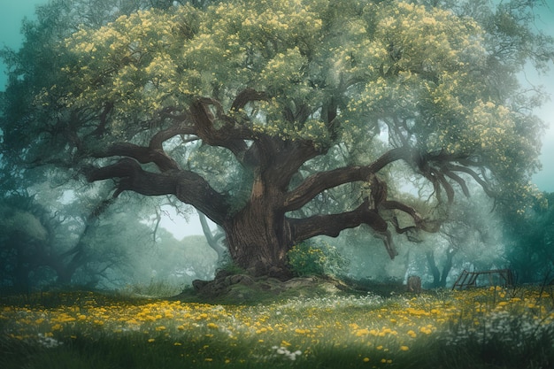 un'immagine raffigurante un grande albero piantato nel bel mezzo di una pianura erbosa