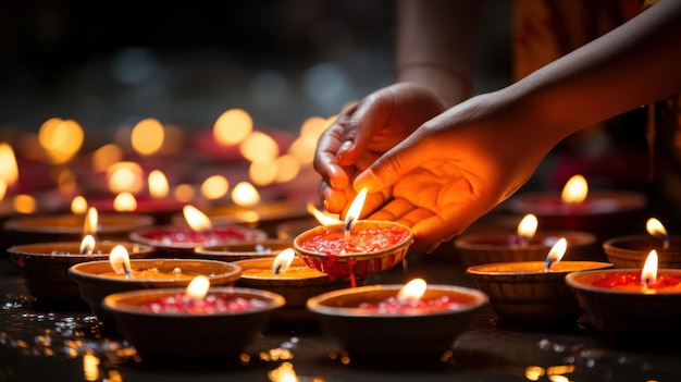 Un'immagine ravvicinata delle mani che illuminano Diwali diyas che simboleggiano la vittoria della luce sull'oscurità