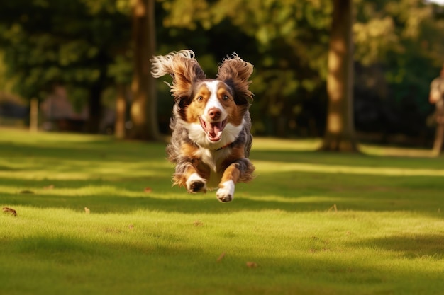 Un'immagine ravvicinata di un cane gioioso che corre nel parco IA generativa