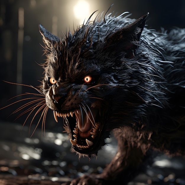 un'immagine ravvicinata di un gatto lupo mannaro furioso e cattivo