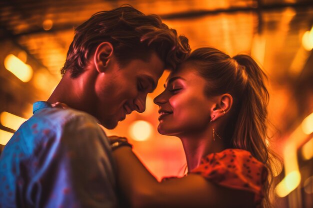 Un'immagine ravvicinata di una coppia che balla appassionatamente in un night club. IA generativa dai colori vivaci