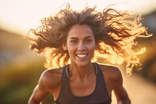 Un'immagine ravvicinata di una giovane donna che corre all'aperto in una giornata di sole IA generativa