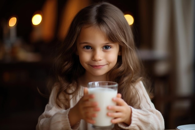 Un'immagine ravvicinata di una piccola ragazza adorabile che tiene un bicchiere di latte con entrambe le mani le sue labbra toccano il bordo mentre beve un sorso AI generativa