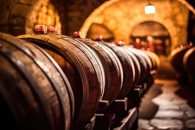 Un'immagine ravvicinata di una vecchia botte di legno in una cantina a volta che mostra la ricca consistenza e la patina invecchiata del legno IA generativa