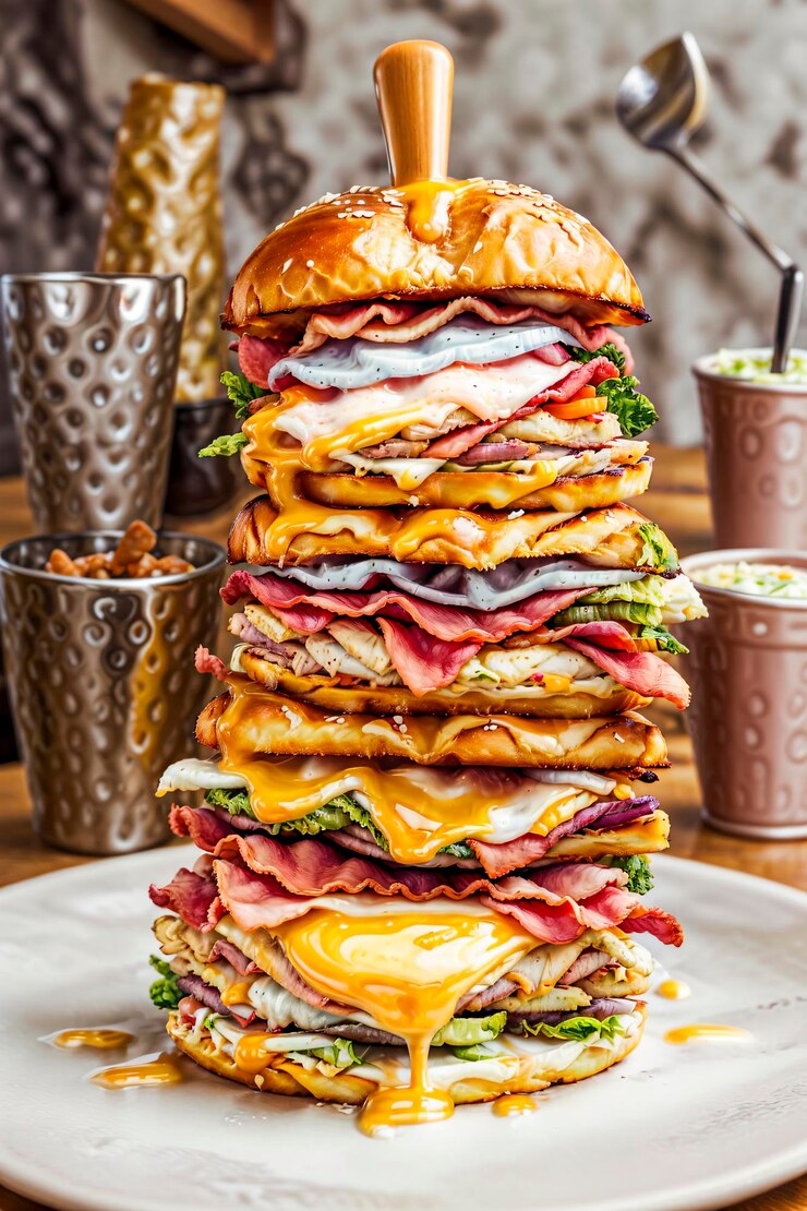 un'immagine realistica di alta qualità di un classico panino americano. Il panino dovrebbe contenere strati di tacchino, pancetta, lattuga, pomodoro e maionese tra il pane tostato