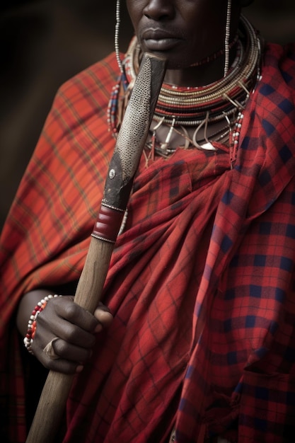 Un'immagine ritagliata di un guerriero Masai che porta la sua lancia creata con l'ai generativo