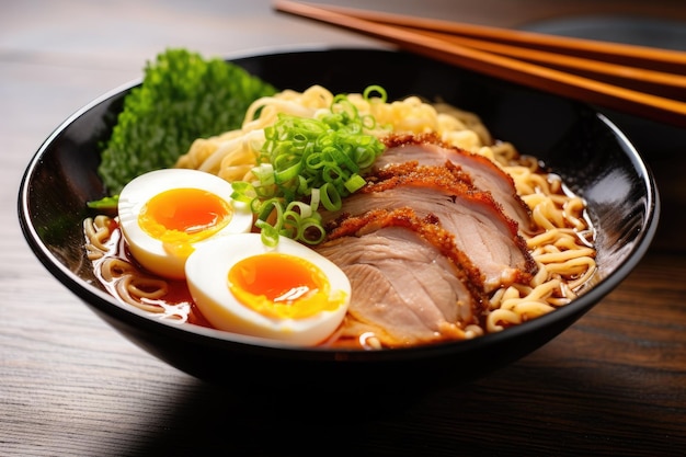 Un'immagine sbalorditiva di una ciotola piccante di tagliatelle ramen coperte di fette di carne di maiale tenera