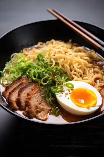 Un'immagine sbalorditiva di una ciotola piccante di tagliatelle ramen coperte di fette di carne di maiale tenera