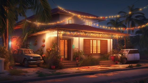 Un'immagine scenica di una casa indiana adornata con luci festive