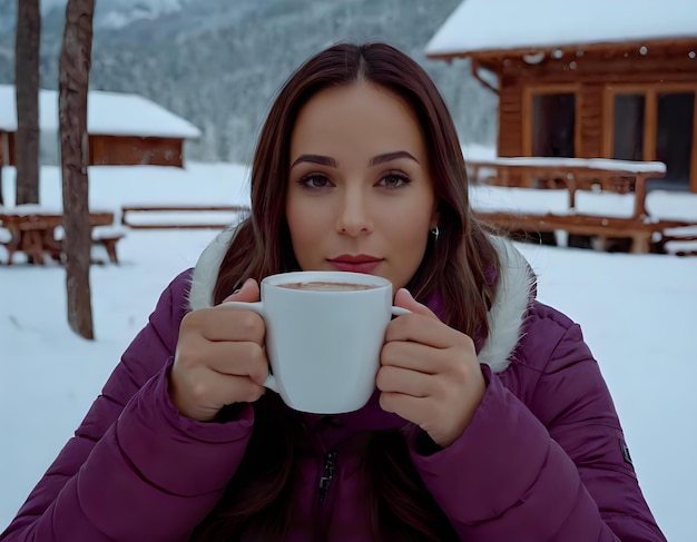 Un'immagine serena di qualcuno che si gode una tazza di cacao caldo in una giornata di neve