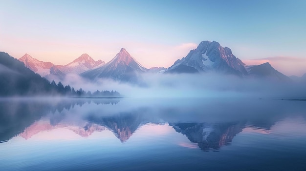 Un'immagine serena di un lago di montagna all'alba
