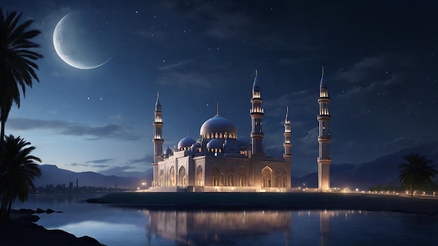 Un'immagine serena in 4K con una moschea iconica di notte con una singola mezzaluna nel cielo