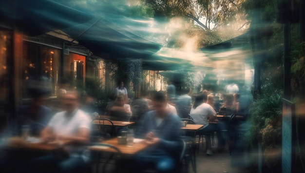 Un'immagine sfocata di persone che mangiano all'aperto in un ristorante all'aperto