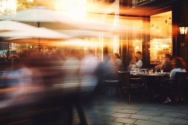 un'immagine sfocata di persone sedute a tavoli in un ristorante con uno sfondo sfocato