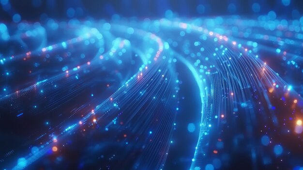 Un'immagine sorprendente che mostra fili di cavi di fibra ottica in un affascinante bagliore blu che rappresenta la connettività senza interruzioni ed efficiente delle reti digitali I cavi appaiono come AI Generative