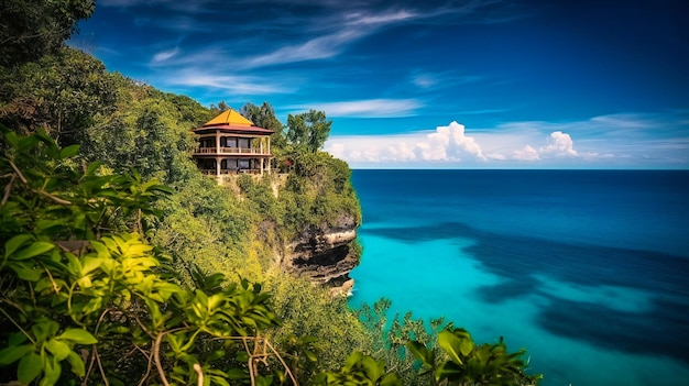 Un'immagine spettacolare di una lussuosa villa tropicale con vista panoramica mozzafiato sull'oceano che trasuda opulenza e tranquillità