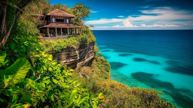 Un'immagine spettacolare di una lussuosa villa tropicale con vista panoramica mozzafiato sull'oceano che trasuda opulenza e tranquillità