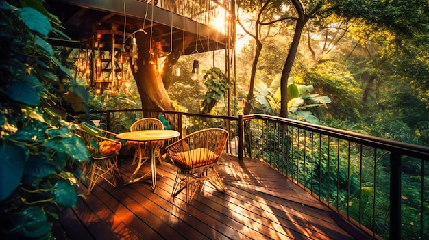 Un'immagine squisita di un'elegante casa sull'albero a baldacchino nella giungla che integra perfettamente un design elegante con l'ambiente naturale circostante