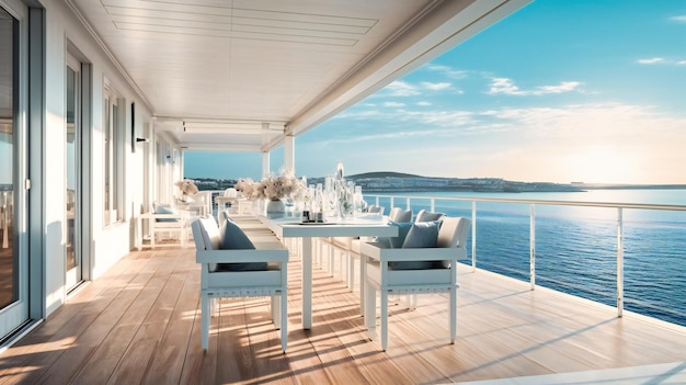 Un'immagine squisita di un'elegante terrazza sul mare che offre un ambiente spettacolare per rilassarsi e godersi la splendida vista sull'oceano