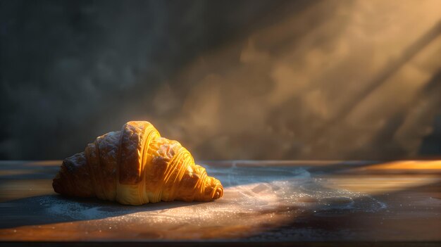 Un'immagine stilizzata di un croissant come pezzo centrale di una composizione con luce e ombra drammatiche