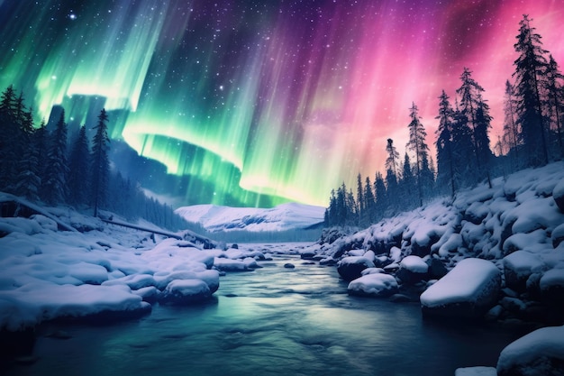 Un'immagine stimolante cattura la bellezza mozzafiato di un'Aurora Borealis vibrante che illumina la notte buia Le luci del nord che luccicano su un paesaggio innevato Generato dall'AI
