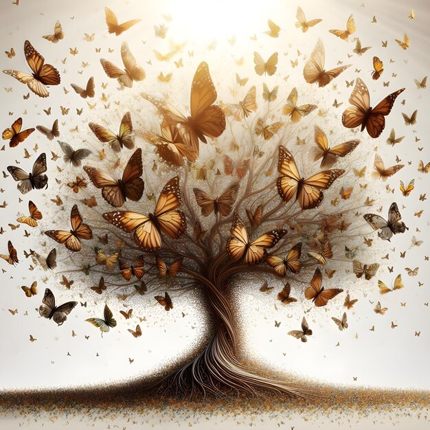 Un'immagine straordinariamente surreale di uno sciame di farfalle che assume la forma di un grande albero complesso