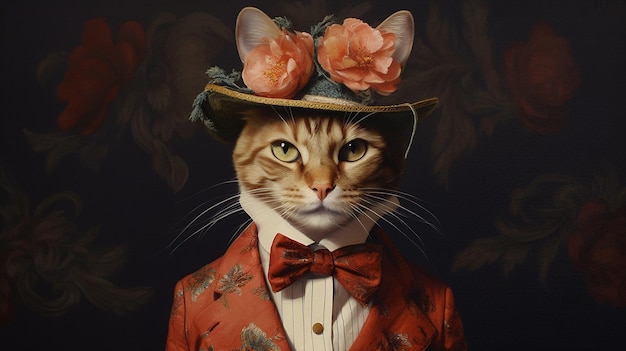 Un'immagine stravagante di un gatto vestito con un abito elegante che mostra la loro adattabilità e capacità di
