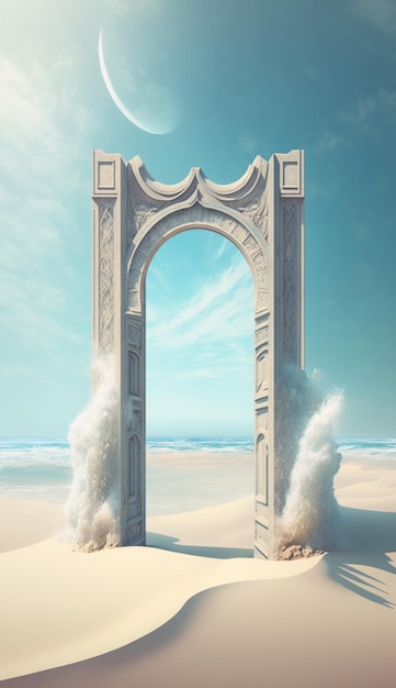 Un'immagine surreale di un cancello nel deserto